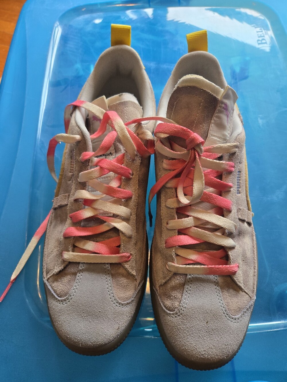 Puma Beige Suede Sneakers with Pink Laces and Yellow Heel Tabs